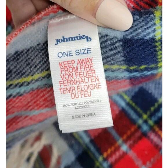 Johnnie B Cream Red Blue Plaid 72"x27" Oversized Blanket Scarf - Picture 3 of 3